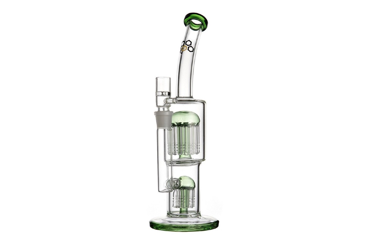 Bong de vidro borossilicato da marca Cultura Dab, modelo Double Tree, cor transparente cor filtro verde