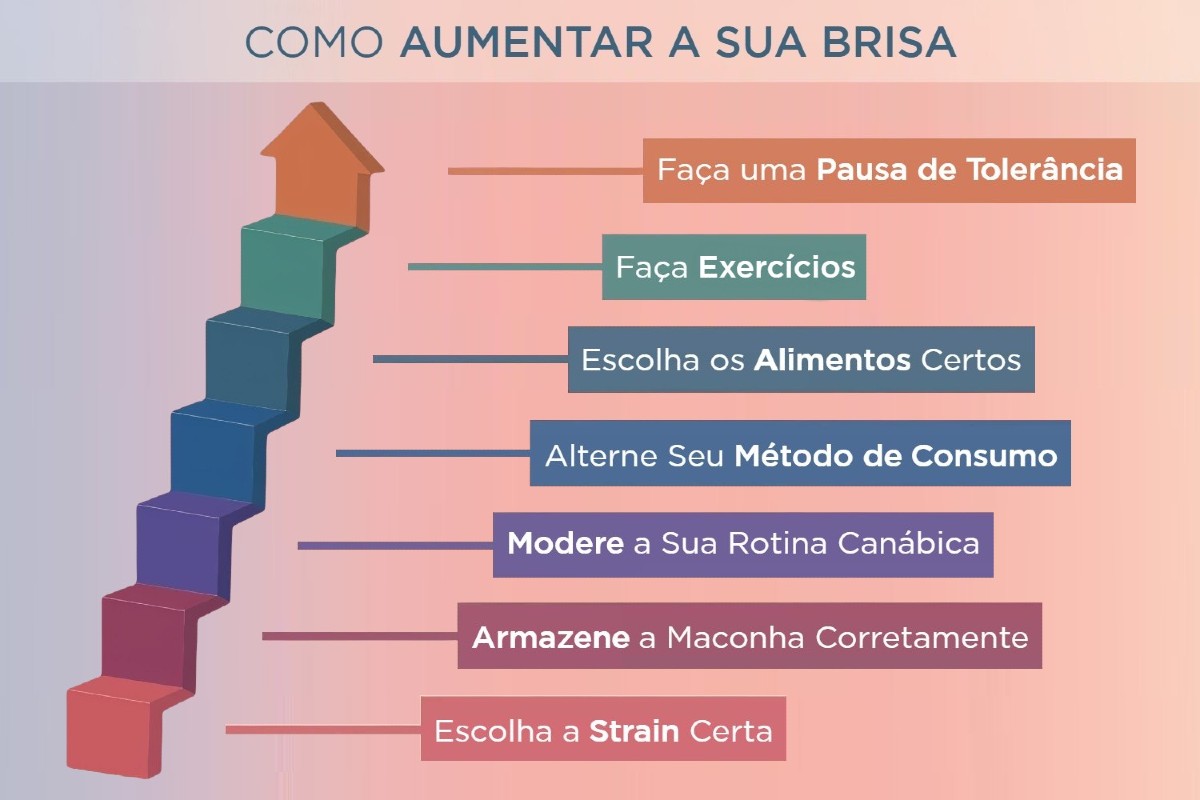 Ilustração dos passos mais importantes para aumentar a brisa nas sessões com maconha